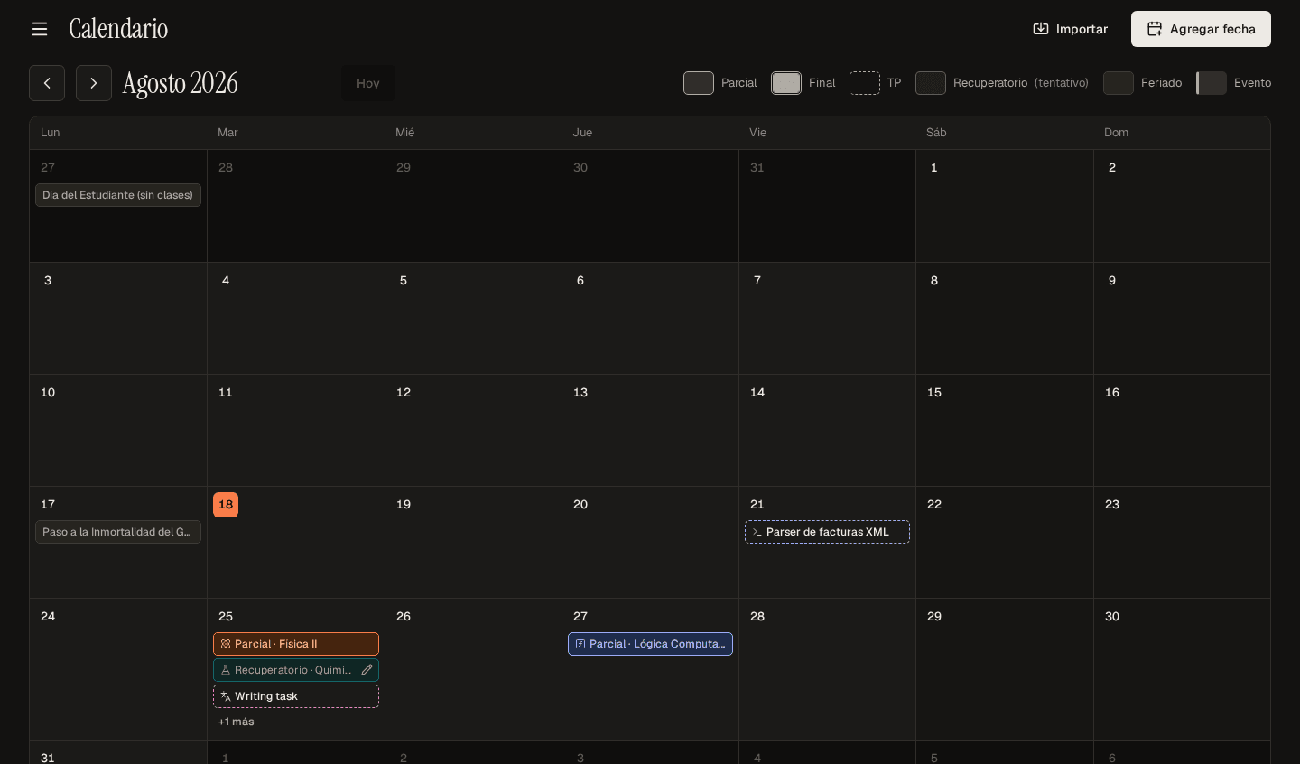 Calendario mensual de Tilde con parciales, finales, trabajos prácticos y feriados.