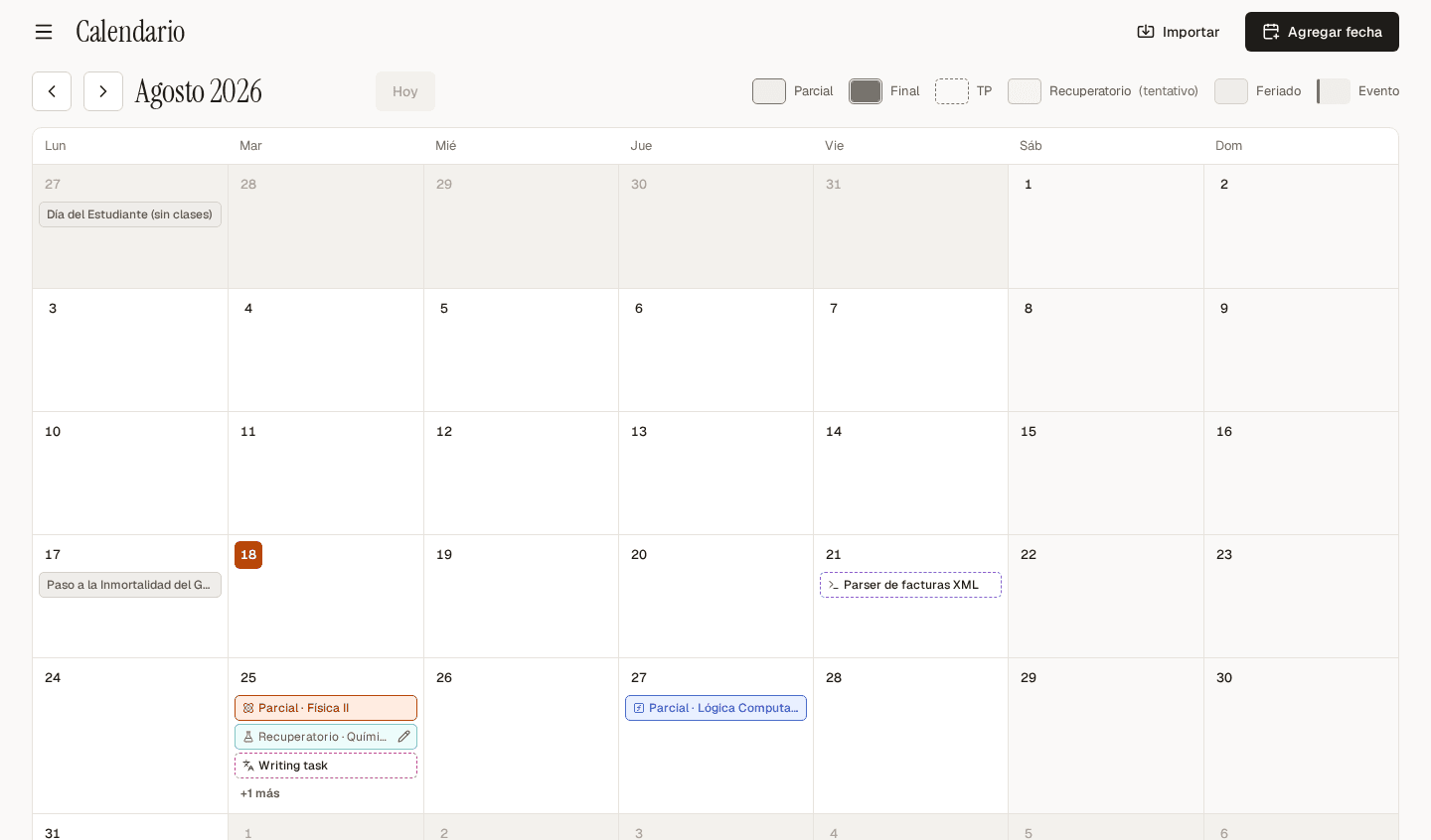 Calendario mensual de Tilde con parciales, finales, trabajos prácticos y feriados.