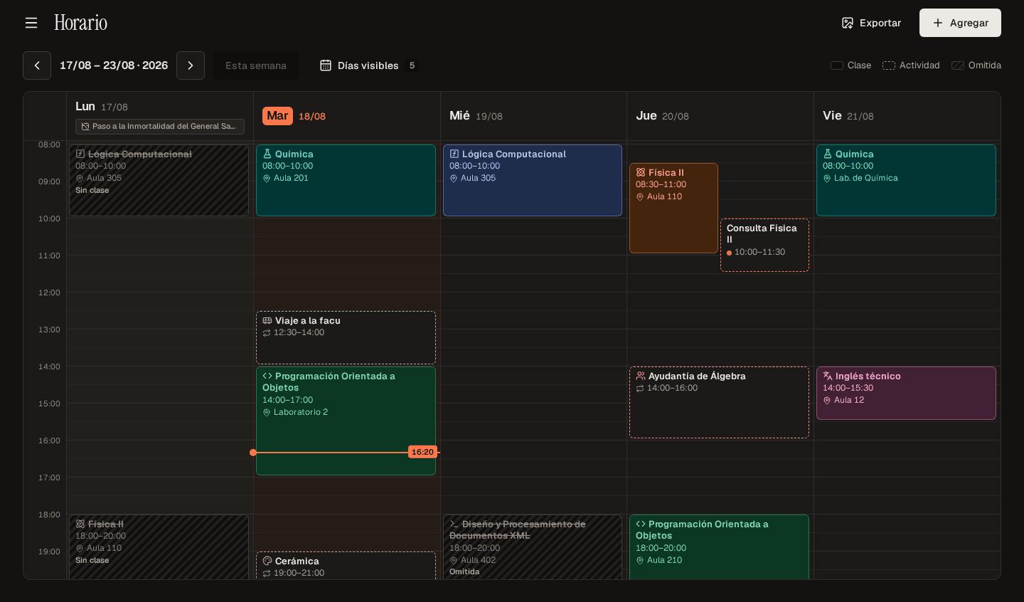 Horario semanal de Tilde con clases y actividades, un feriado marcado y una clase omitida.
