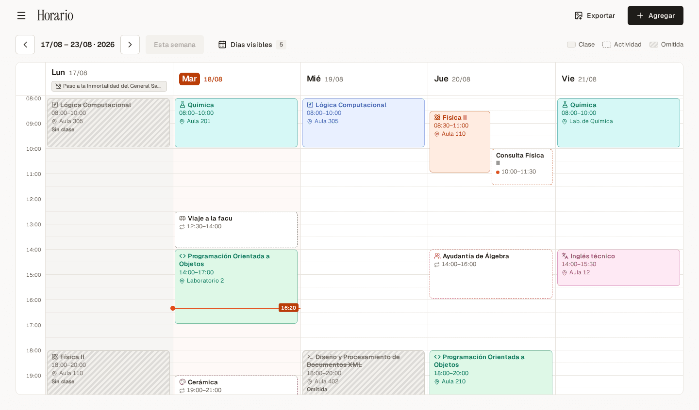 Horario semanal de Tilde con clases y actividades, un feriado marcado y una clase omitida.